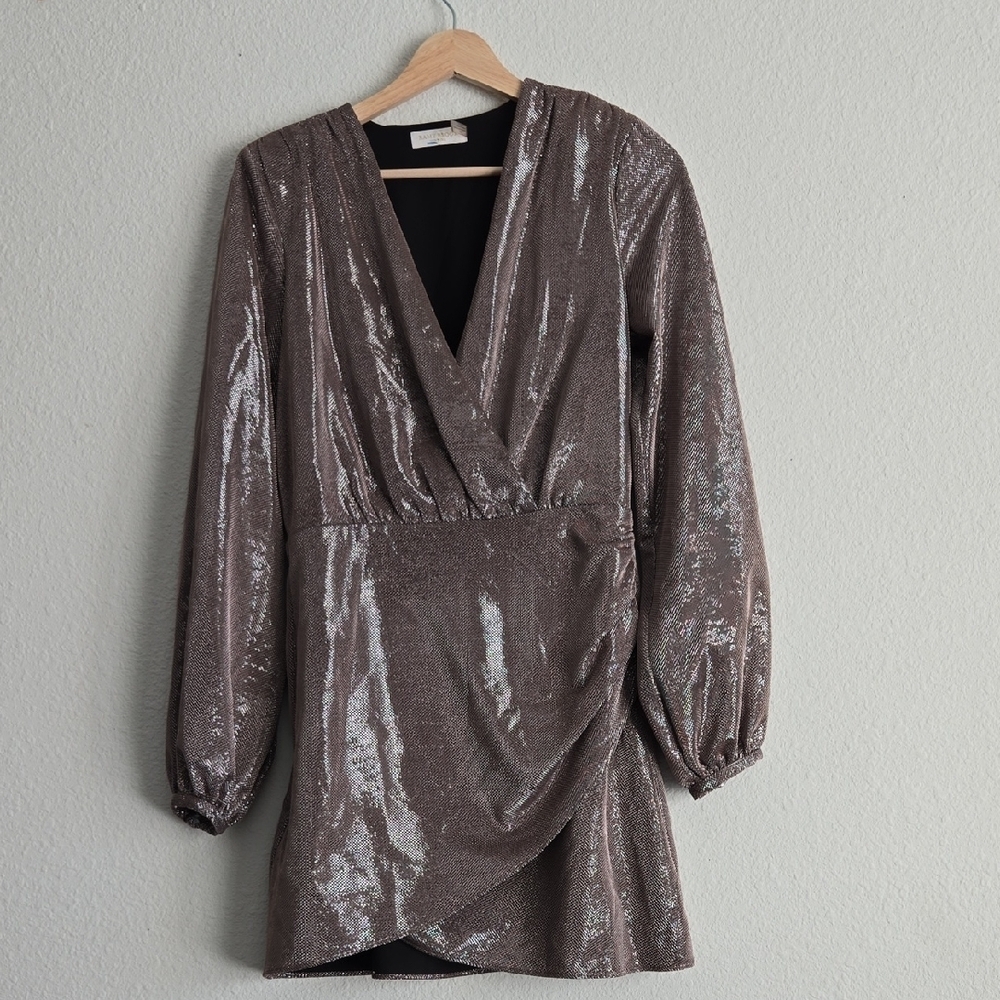 Ramy Brook Glittery Silver Long Sleeve  Faux Wrap Mini Holiday New Year Dress M
